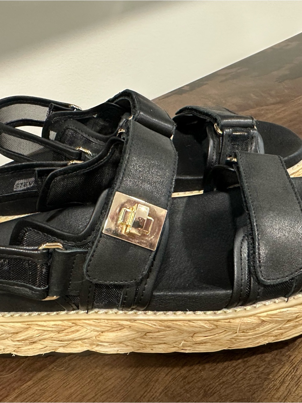 Steve Madden Black Mesh Espadrille Platform Sandals with Gold Hardware